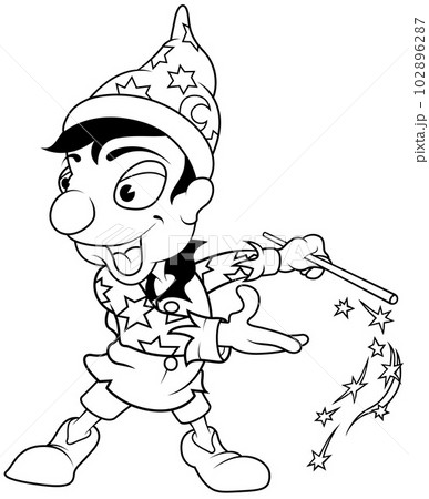 Drawing of a Smiling Magician with a Magic Wand 102896287