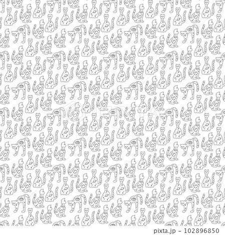 Seamless pattern with three silhouettes of magical cats. Doodle vector illustration. 102896850