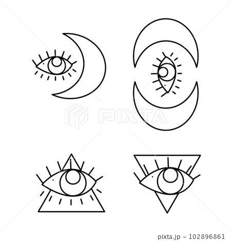 A small set of the all-seeing eye, the sign of the Masons and the crescent. Doodle vector, clipart. 102896861