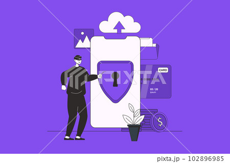 Fraud protection web concept with character scene in flat design. People using cyber security technology for protecting from hacker attacks. Illustration for social media marketing material. Fraud protection web concept with character scene in flat design. People using cyber security technology for protecting from hacker attacks. Illustration for social media marketing material. 102896985