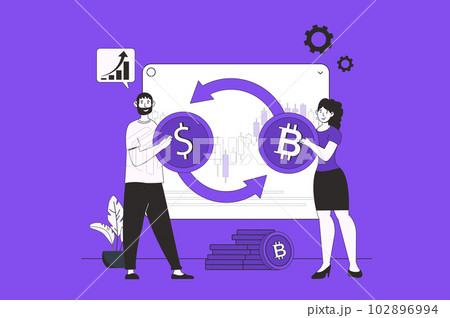 Cryptocurrency web concept with character scene in flat design. People making online transactions and investing money in crypto exchange. Illustration for social media marketing material. 102896994