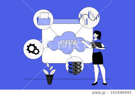 Customer relationship management web concept with character scene in flat design. People using CRM tools for planning strategy and working. Illustration for social media marketing material. 102896995