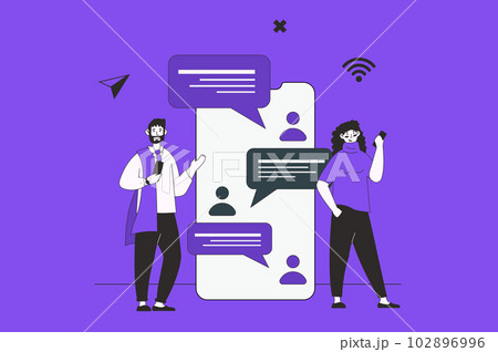 Communication via mobile web concept with character scene in flat design. People sending messages in chats, communicating in social media. Illustration for social media marketing material. Communication via mobile web concept with character scene in flat design. People sending messages in chats, communicating in social media. Illustration for social media marketing material. 102896996