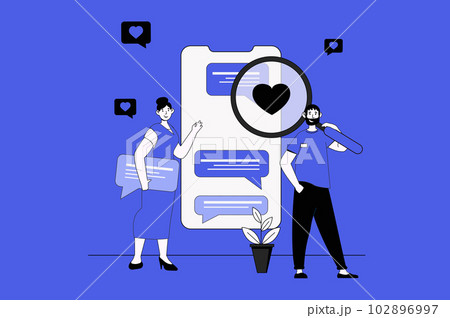 Comments web concept with character scene in flat design. People leaving messages in chats, discussing and communicating online in mobile app. Illustration for social media marketing material. Comments web concept with character scene in flat design. People leaving messages in chats, discussing and communicating online in mobile app. Illustration for social media marketing material. 102896997