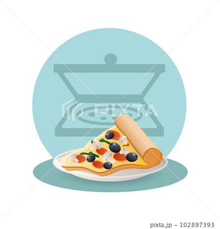 Piece of pizza illustration. Plate, slice, olives, mushrooms. Editable vector graphic design. Piece of pizza illustration. Plate, slice, olives, mushrooms. Editable vector graphic design. 102897393