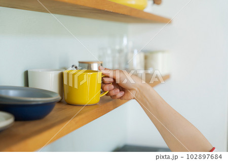 棚に食器を並べる女性の手元 102897684