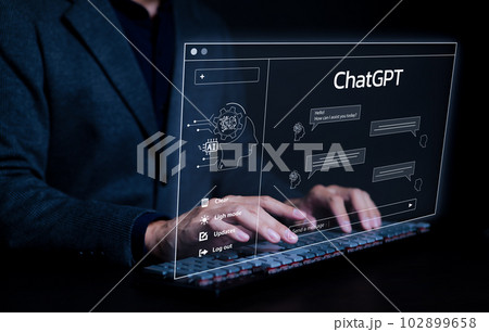 ChatGPT, Chat with AI or Artificial Intelligence technology. Man using a laptop computer chatting with an intelligent artificial intelligence asks for the answers he wants. Smart assistant futuristic, 102899658
