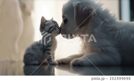 White puppy and white striped kitten lying on a white mirrored floor, touching their noses to each other. Pets. Cute postcard. Generated by AI 102899698