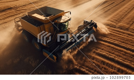 Ingathering. Sowing. A bird's-eye view of a combine harvester driving through a golden field at sunset. The Golden Hour. Dust rises from the back of the combine. Generated by AI 102899703