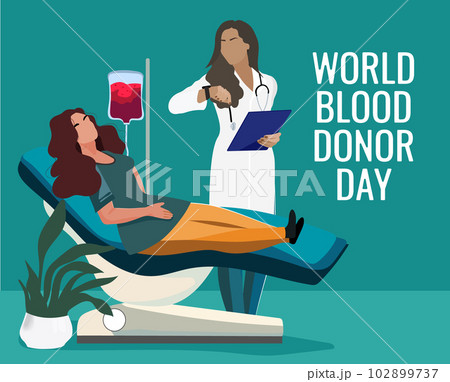 Day donation concept with bag of blood, hand and heart medical sign. Give blood save life. World blood donor day. Vector illustration 102899737