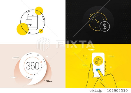 Minimal set of 360 degrees, Smartphone message and Last minute line icons. Phone screen, Quote banners. Dumbbell icons. For web development. Full rotation, Cellphone chat, Buying timer. Vector 102903550