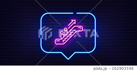 Neon light speech bubble. Escalator line icon. Elevator sign. Shopping stairway symbol. Neon light background. Escalator glow line. Brick wall banner. Vector 102903598