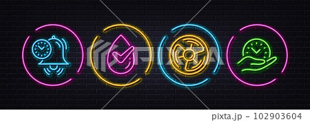 Dermatologically tested, Air fan and Time management minimal line icons. Neon laser 3d lights. Safe time icons. For web, application, printing. Organic, Ventilation turbine, Alarm clock. Vector 102903604