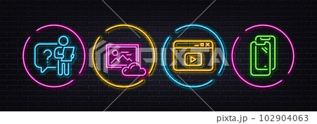 Search employee, Photo cloud and Video content minimal line icons. Neon laser 3d lights. Smartphone glass icons. For web, application, printing. Vector 102904063