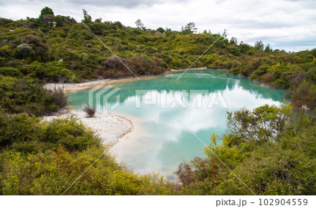 Beautiful view of Green lake (Roto Kanapanapa in Maori language) setting in the centre of the jungle in Whakarewarewa the living Maori village in geothermal area of Rotorua, New Zealand. Beautiful view of Green lake (Roto Kanapanapa in Maori language) setting in the centre of the jungle in Whakarewarewa the living Maori village in geothermal area of Rotorua, New Zealand. 102904559