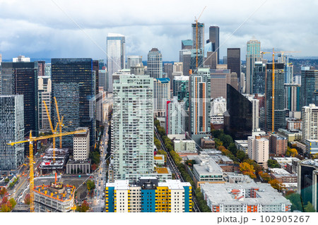 Aerial view of downtown in Seattle from Space Needle on rainy day Aerial view of downtown in Seattle from Space Needle on rainy day 102905267