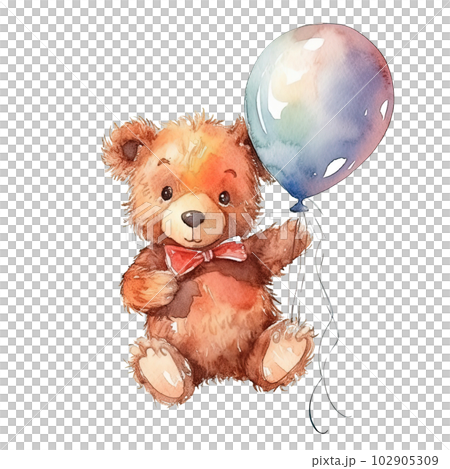 Watercolor teddy bear with balloons. Illustration AI Generative 102905309