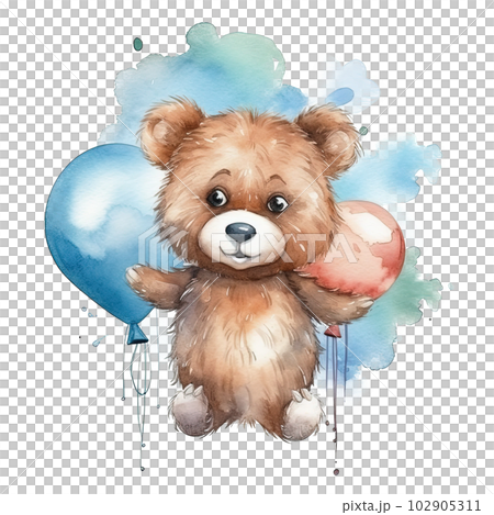 Watercolor teddy bear with balloons. Illustration AI Generative 102905311
