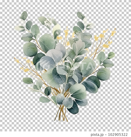 Watercolor green and golden eucalyptus leaves. Illustration AI Generative 102905322