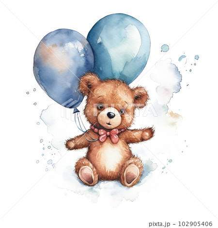 Watercolor teddy bear with balloons. Illustration AI Generative 102905406