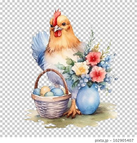 Watercolor chicken with eggs. Illustration AI Generative 102905407