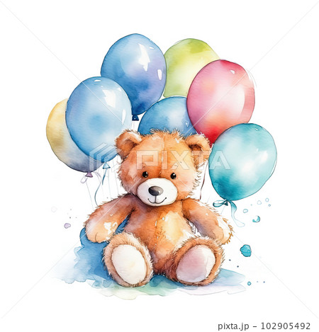 Teddy bear with balloons. Illustration AI - Stock Illustration
