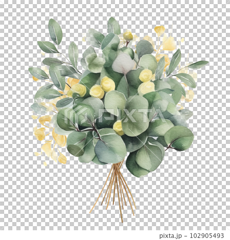 Watercolor green and golden eucalyptus leaves. Illustration AI Generative 102905493