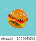 3d render of a hamburger on a blue background. juicy burger with sesame seeds flying around 102905639