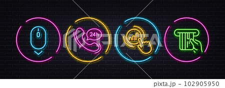 Scroll down, Graph chart and 24h service minimal line icons. Neon laser 3d lights. Credit card icons. For web, application, printing. Mouse swipe, Get report, Call support. Atm payment. Vector Scroll down, Graph chart and 24h service minimal line icons. Neon laser 3d lights. Credit card icons. For web, application, printing. Mouse swipe, Get report, Call support. Atm payment. Vector 102905950