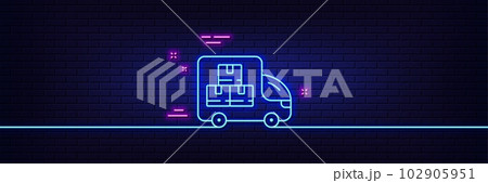 Neon light glow effect. Delivery truck line icon. Warehouse boxes sign. Wholesale goods symbol. 3d line neon glow icon. Brick wall banner. Delivery truck outline. Vector Neon light glow effect. Delivery truck line icon. Warehouse boxes sign. Wholesale goods symbol. 3d line neon glow icon. Brick wall banner. Delivery truck outline. Vector 102905951