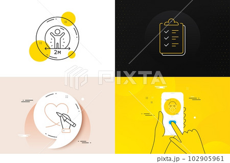 Minimal set of Social distance, Social care and Checklist line icons. Phone screen, Quote banners. Medical mask icons. For web development. Vector 102905961
