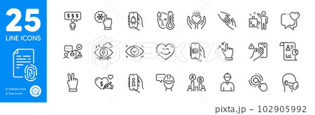 Outline icons set. Ab testing, Medical mask and Hold heart icons. Seo target, Fingerprint, Foreman web elements. Helping hand, Freezing click, Engineer signs. Touchscreen gesture. Vector 102905992