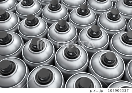 Set of spray paint cans in row on white background. Spray bottle and dispenser Set of spray paint cans in row on white background. Spray bottle and dispenser 102906337