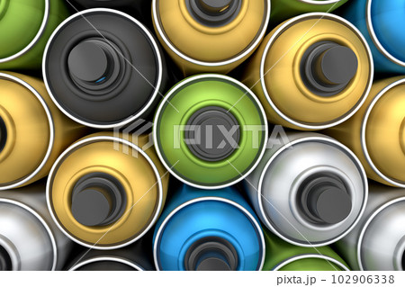 Set of spray paint cans in row on white background. Spray bottle and dispenser 102906338