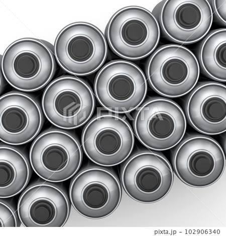 Set of spray paint cans in row on white background. Spray bottle and dispenser 102906340