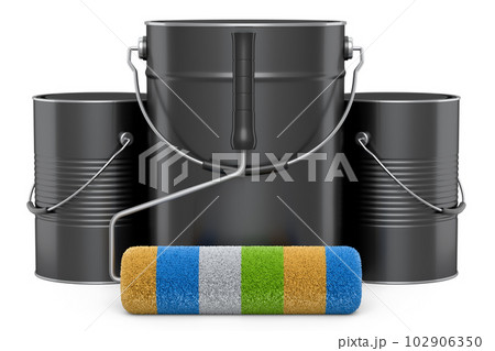 Set of metal can with paint roller for painting walls on white background. Set of metal can with paint roller for painting walls on white background. 102906350