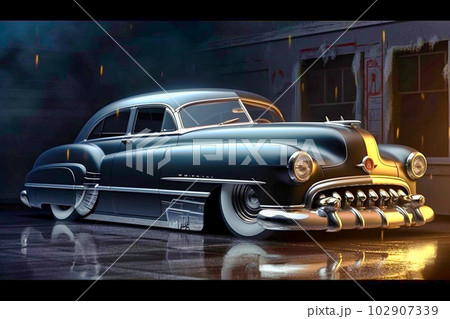 1950 Buick 8 cartoon lowrider, Generative AIのイラスト素材