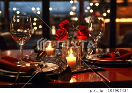 Romantic table setting with candles and flowers 102907484