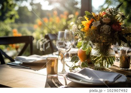 Romantic table setting with candles and flowers Romantic table setting with candles and flowers 102907492