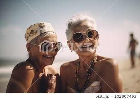 Elderly people enjoy company on sunny summer beach Elderly people enjoy company on sunny summer beach 102907493