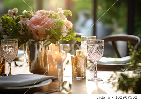 Romantic table setting with candles and flowers 102907502