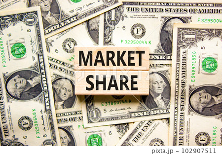 Market share symbol. Concept words Market share on beautiful wooden block. Beautiful background from dollar bills. Business and Market share concept. Copy space. 102907511