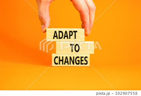 Adapt to changes symbol. Concept words Adapt to changes on wooden blocks. Businessman hand. Beautiful orange table orange background. Business and Adapt to changes quote concept. Copy space. Adapt to changes symbol. Concept words Adapt to changes on wooden blocks. Businessman hand. Beautiful orange table orange background. Business and Adapt to changes quote concept. Copy space. 102907558