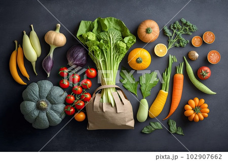 Vegetable on table on black background. Flat lay, top view. Cooking food, top view. Healthy vegan organic food. Generative AI 102907662