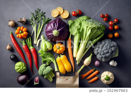 Vegetable on table on black background. Flat lay, top view. Cooking food, top view. Healthy vegan organic food. Generative AI 102907663