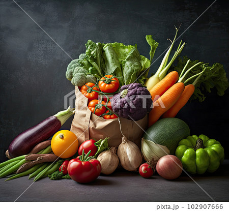 Vegetable on table on black background. Flat lay, top view. Cooking food, top view. Healthy vegan organic food. Generative AI 102907666