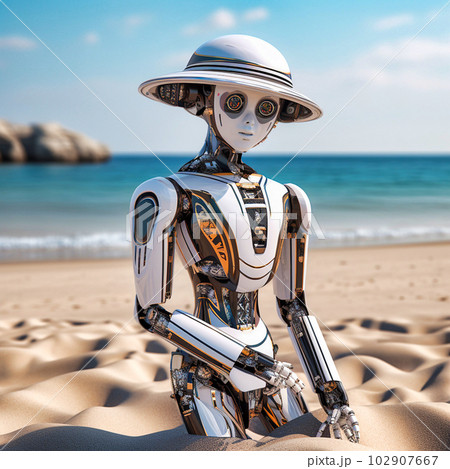 A female robot dressed in a white black striped, Generative AI 102907667