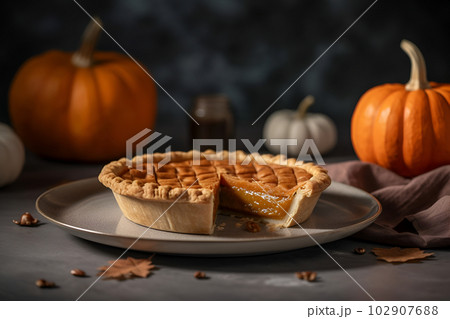 Pumpkin pie for Thanksgiving day. Close up. Generative AI. Pumpkin pie for Thanksgiving day. Close up. Generative AI. 102907688