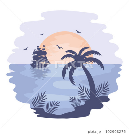 Seascape, sunset in the tropical sea with a frigate, a palm tree and seagulls on a watercolor background. Illustration, icon, vector Seascape, sunset in the tropical sea with a frigate, a palm tree and seagulls on a watercolor background. Illustration, icon, vector 102908276