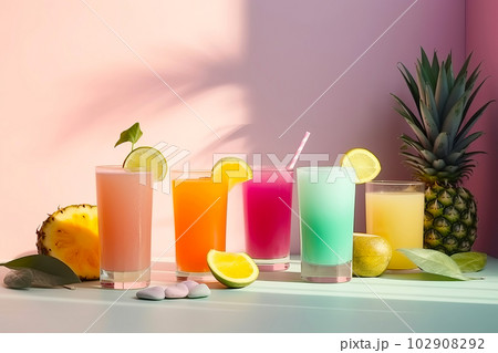 Tropical cocktail set on minimal pastel background. Generative AI illustration 102908292